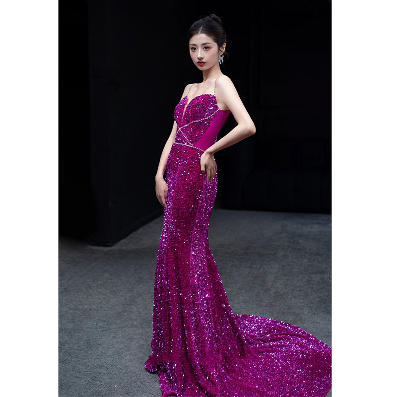French Style Fishtail Toast Dress Bride High-Grade Sequined Evening Dress Morning Gowns Strap Engagement Dress Banquet Host Women