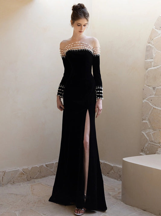 French Style Hepburn Wind Black Evening Dress 2024 New Long-Sleeved Pearl off-Shoulder Fishtail Costume