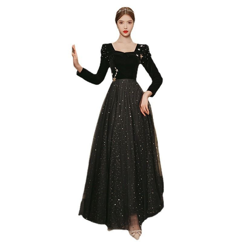 Banquet Evening Dress 2024 New Black Ladies Long Sleeves Graceful Formal Dress Host Performance Dinner Annual Meeting Gift