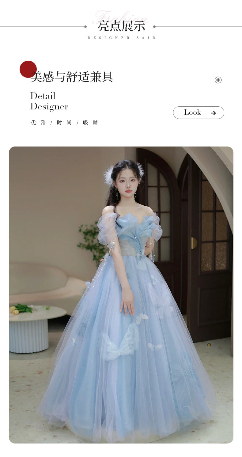 Blue Banquet Evening Dress for Women 2024 New High-Grade Princess on the Run Toast Dress Fairy Light Luxury Annual Meeting Dress