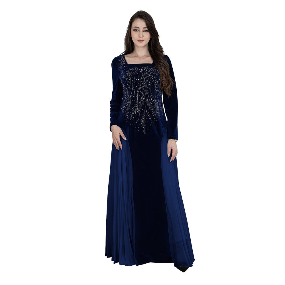 Xqy500222 Dubai Arabic Muslim Korean Velvet Chiffon Stitching Rhinestone Evening Dress Jalabia Women's Dress