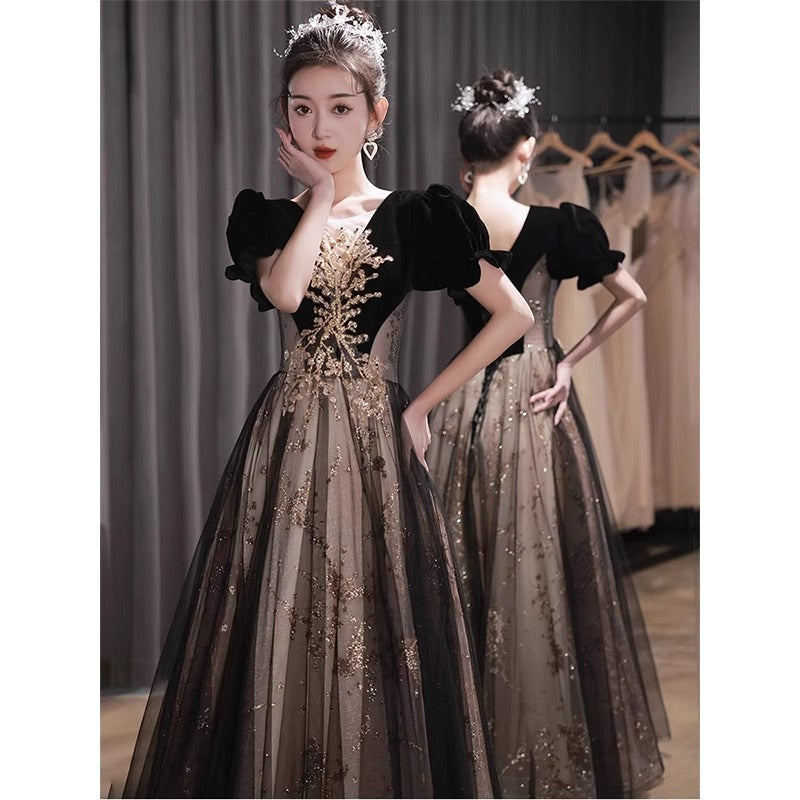 Banquet Evening Dress 2024 New Hepburn Style Annual Meeting Elegant Black Host's Dress Student Art Exam Dress