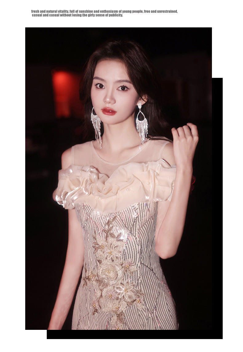 Fishtail Evening Dress 2024 New Sequined off-Shoulder Light Luxury Minority Host Banquet Heavy Work Waist-Tight Evening Dress