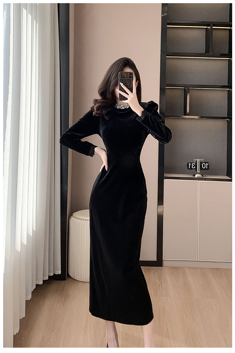 Black Dress High-End Dress Long Light Luxury Beads Rhinestones Long Sleeve Velvet Dress Autumn and Winter Annual Party Banquet Evening Wear