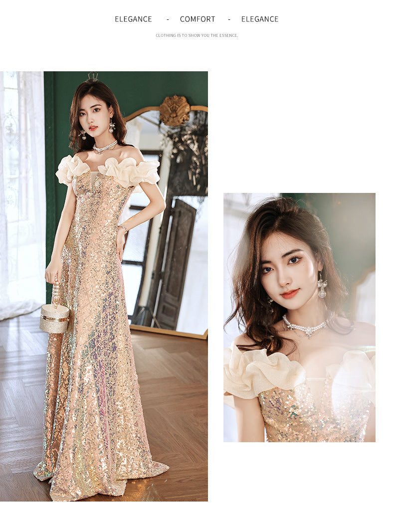 off-Shoulder Sequined Evening Dress for Women 2024 New Host Annual Meeting Bel Canto Solo Vocal Music Art Test Champagne Gold