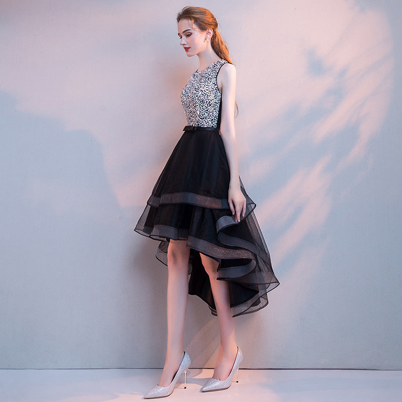 Black Evening Dress Women's New Banquet Noble Performance Front Short Back Long Host round Neck Sequins Small Dress Stage