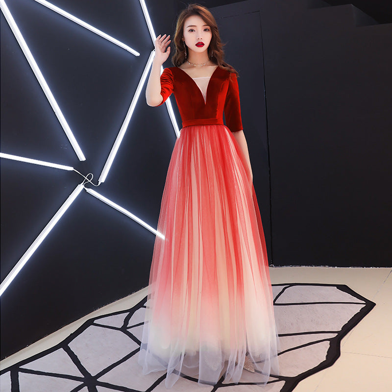 Evening Dress for Women 2024 New Banquet Mid-Sleeve Long Slimming Annual Meeting Socialite Dress Evening Dress for Women Autumn and Winter