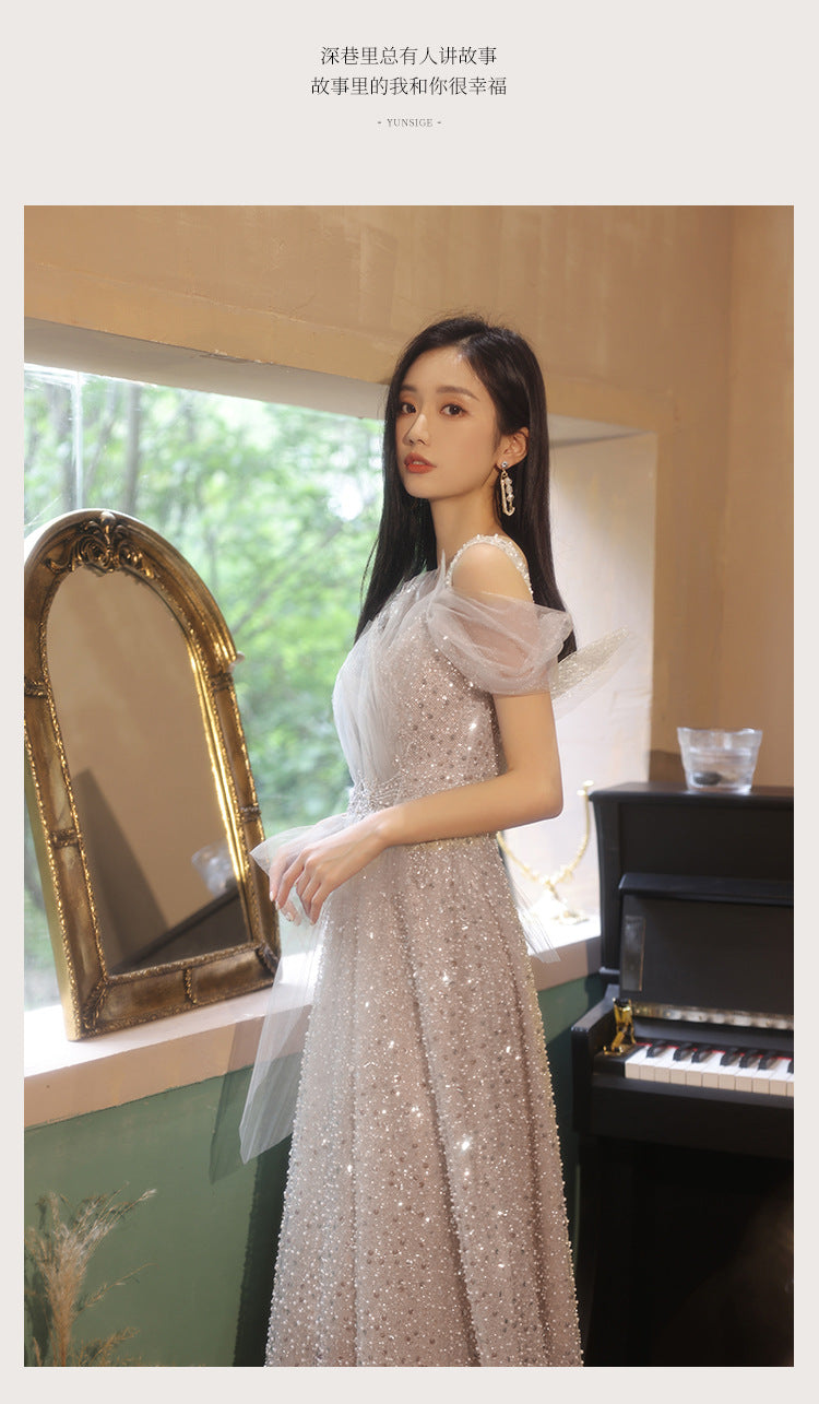 Evening Dress 2024 Autumn and Winter New Banquet Temperament Heavy Industry Light Wedding Dress Engagement Dress Toast Dress Host