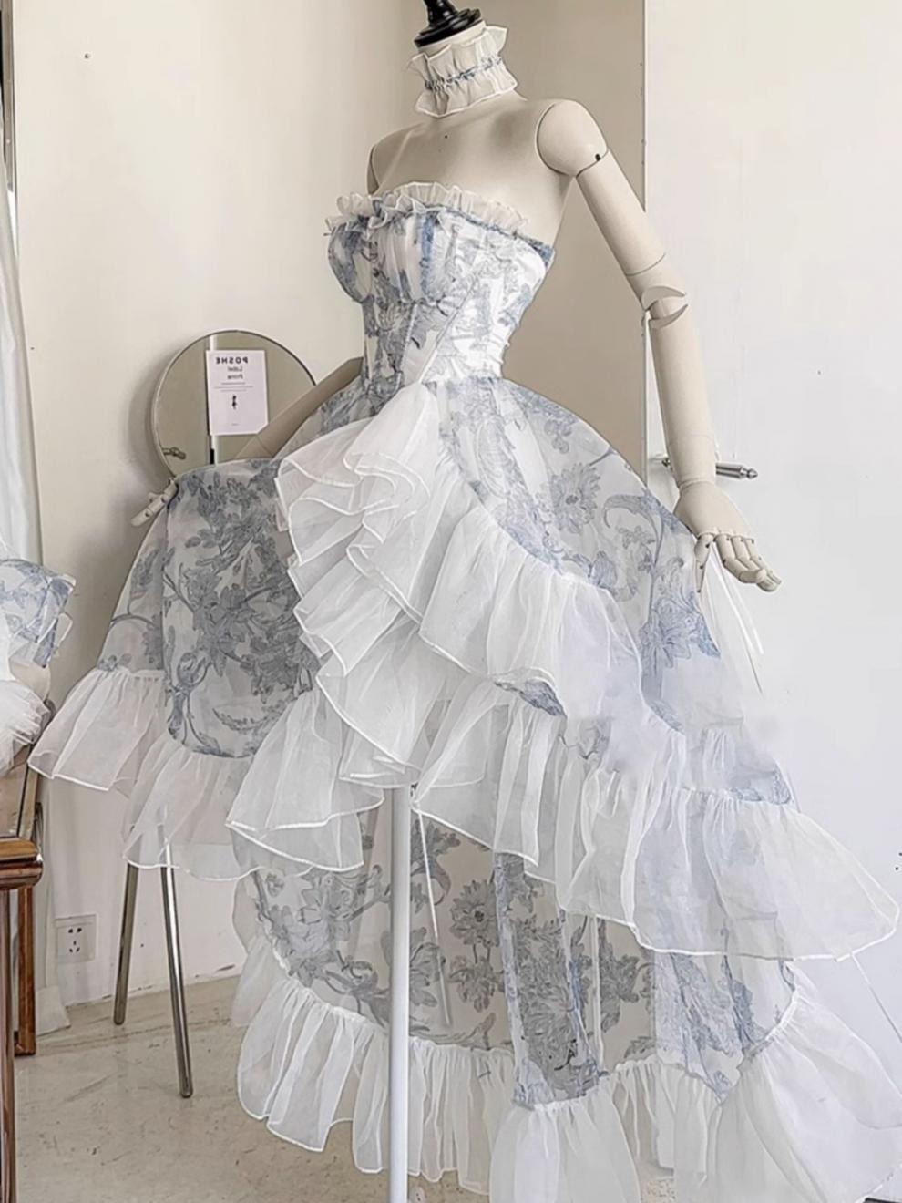 French Blue Floral Strapless Dress Women's Summer Princess Vintage Vintage Lolita Dress