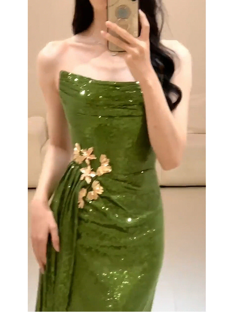 New Chinese Style Green Sequined Morning Gowns Evening Dress 2024 New Bridal Toast Dress Tube Top Birthday Trailing Little Dress