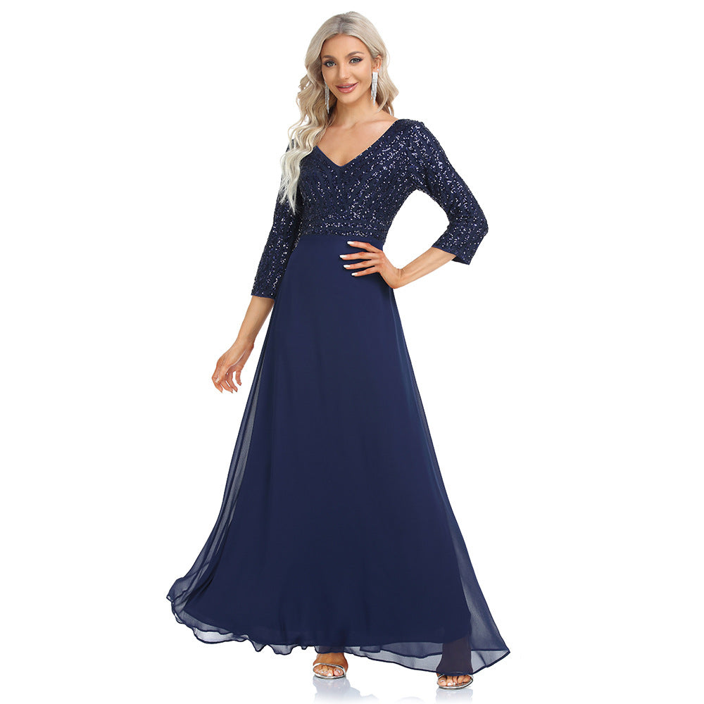 2023 Spring and Summer Women's Chiffon Bridesmaid Dress Double V-neck Dress 3/4 Sleeve A- line Large Hem Sequin Stitching Evening Dress