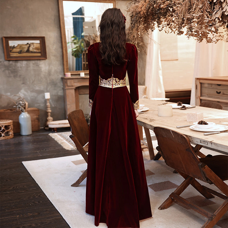 Wedding Toast Dress 2024 New Velvet Wine Red Long Bride Long Evening Dress Autumn Elegant Toast