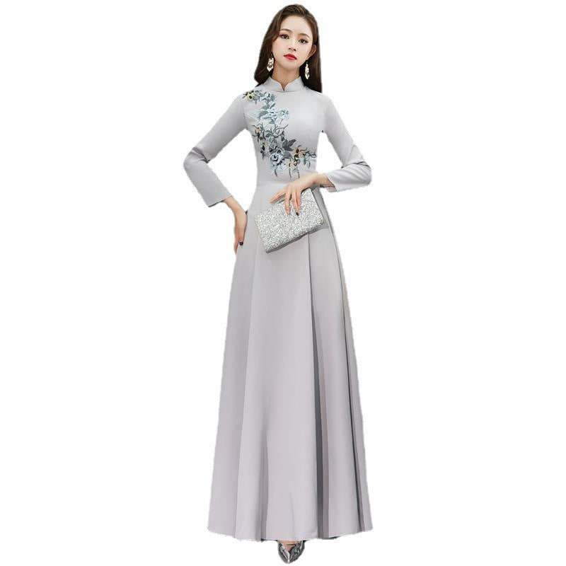 Machine Embroidery Improved Cheongsam 2024 New Long Dress Elegant over-the-Knee Embroidered Cheongsam Dress