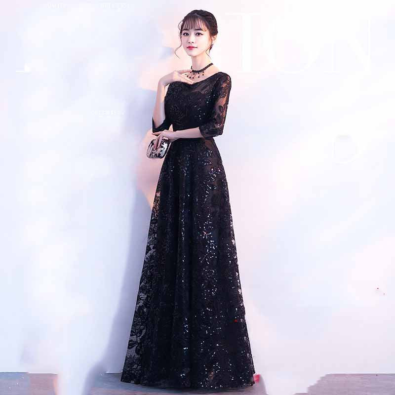 Prom dresses gala lace long sleeve Banquet Evening Dress Women's Black Long H8293