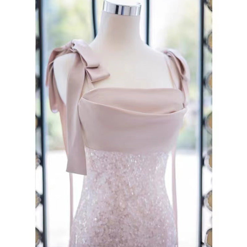 Pink Evening Dress Women's Sequined Mopping Sleeveless Niche Banquet Temperament Socialite Host Annual Party Evening Dress