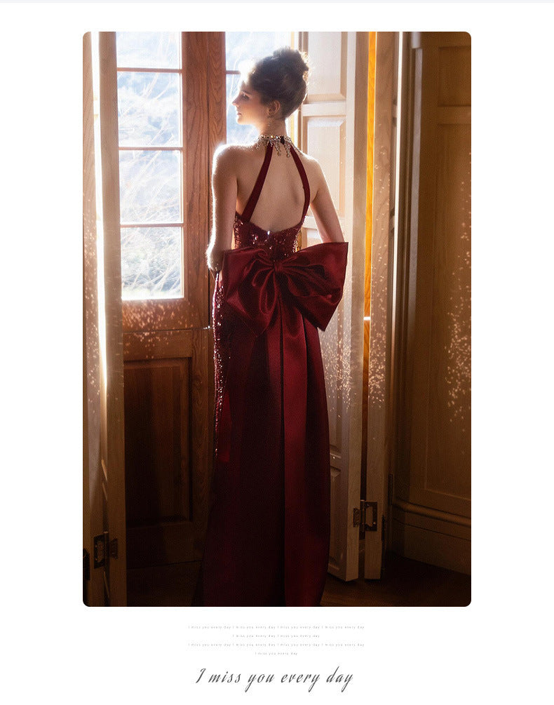 Sequined Toast Dress for Bride Wine Red Engagement Banquet Temperament Long Halter-Style Heavy Work Fishtail Evening Dress for Women