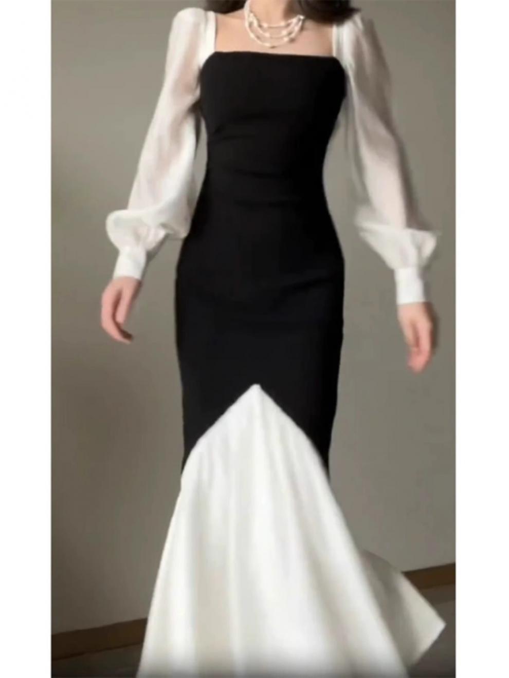 French Square Collar Color Contrast Patchwork Dress Women's Elegant Early Spring and Autumn New Slim Fit High Waist Fishtail Long Skirt Fashion