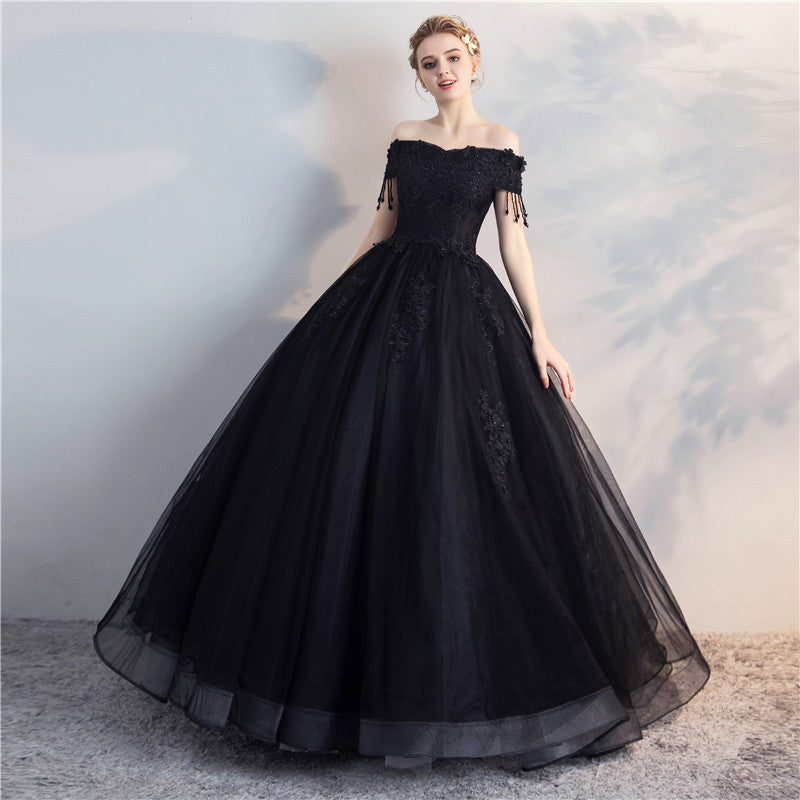 New Evening Dress 2024 New Black off-Shoulder Solo Host Performance Pettiskirt Long Women's Studio