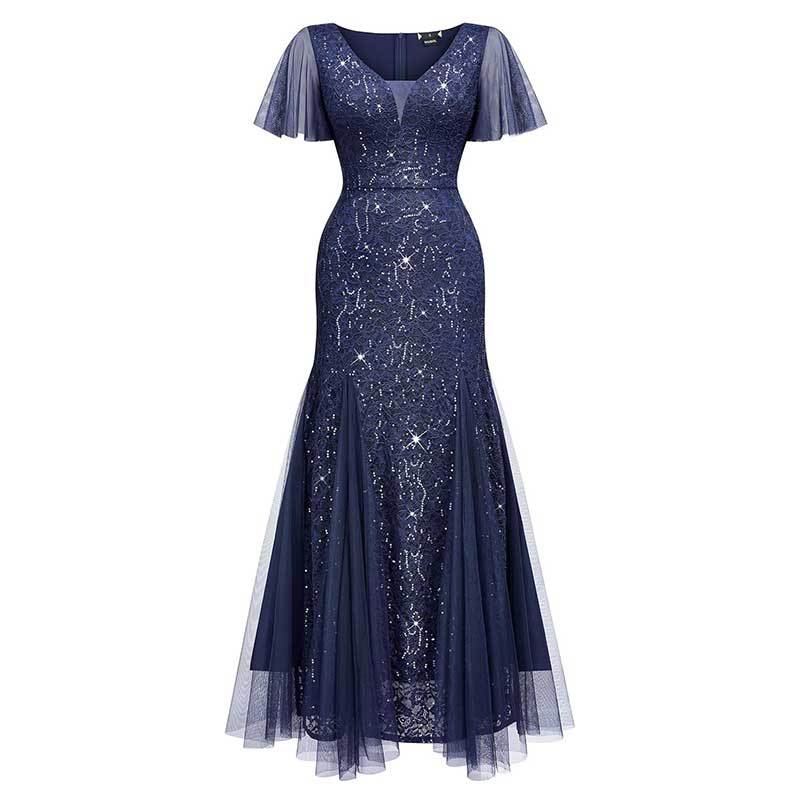 Cross-Border EBay Amazon European and American New Women's V-neck Dress Lace Chiffon Double-Layer Dress Sequined Evening Dress