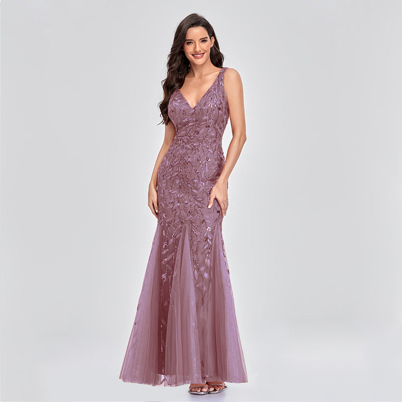 New 2023 Dress Sexy Dress Sleeveless V-neck Embroidery Sequin Slim Fishtail Bridesmaid Evening Dress for Women