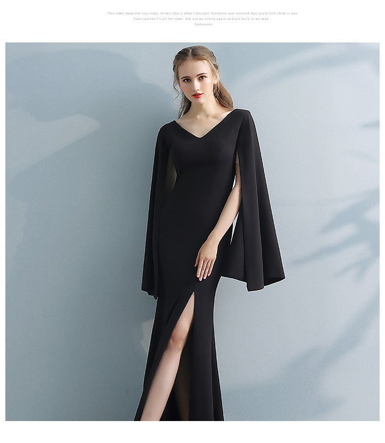 Banquet Dress Bridal Long Sleeve Satin Black Red Fishtail Long Style Long Sleeve Elegant Evening Dresses H18293