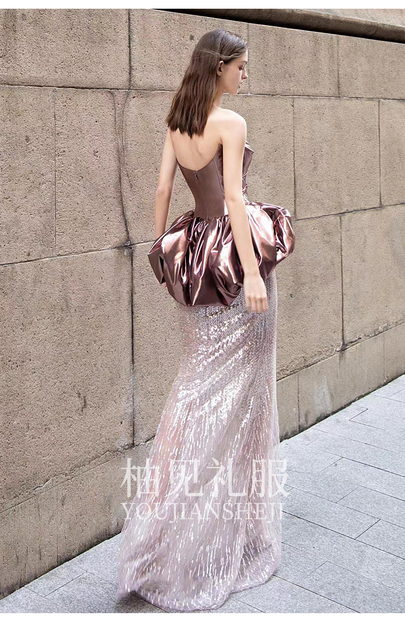 Fishtail Evening Dress Women's High-Grade Banquet Temperament Host Tube Top Bride Engagement Dress Toast Dress Autumn