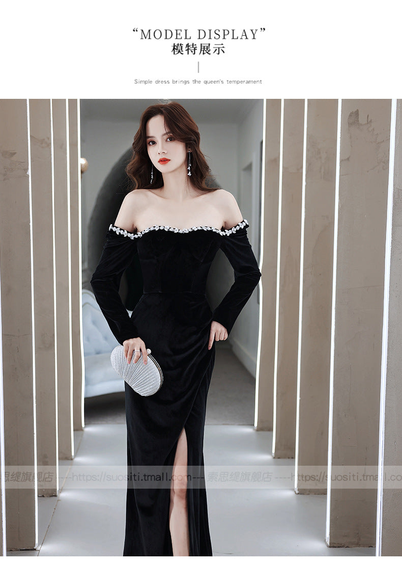 Black Evening Dress 2024 New Banquet Temperament Long Slim Fishtail Split Velvet Socialite Host's Dress