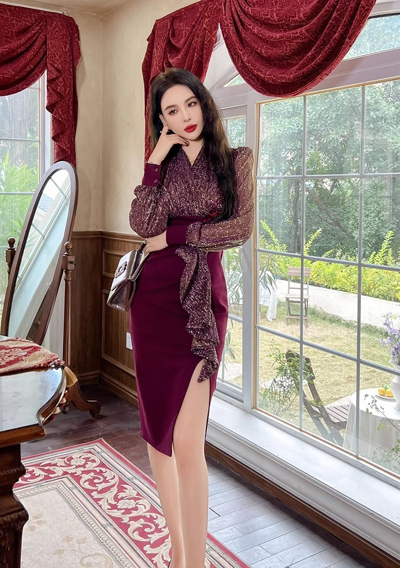 New Fall Women's Clothing Slim Fit Slimming Long Sleeves Dress Elegant High Sense Light Luxury Minority Red Engagement Dress