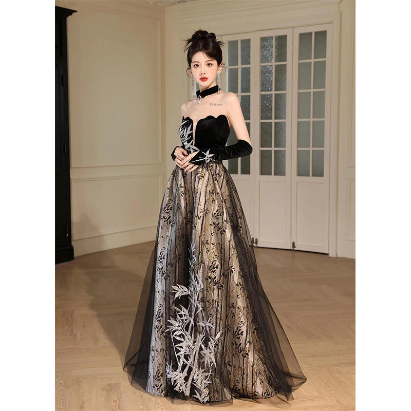 Tube Top Toast Dress Black New Chinese Style Morning Gowns Women's Bride Engagement Dress Banquet Temperament Host Evening Dress