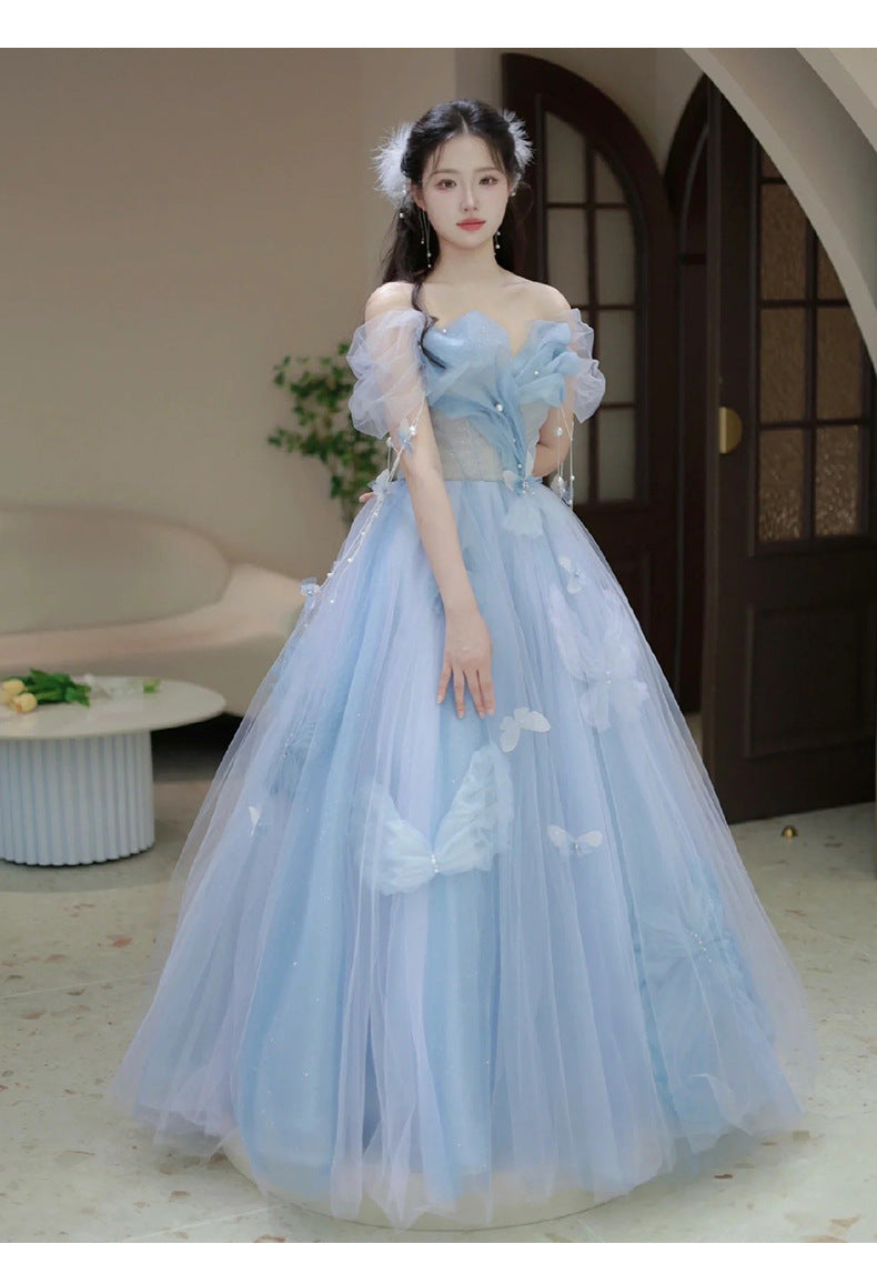 Blue Banquet Evening Dress for Women 2024 New High-Grade Princess on the Run Toast Dress Fairy Light Luxury Annual Meeting Dress