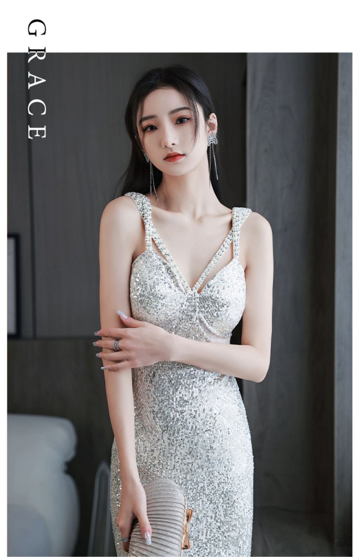 Silver Suspender Evening Dress Bridesmaid Dress Toast Dress V-neck Slimming Dress Banquet Sheath Dress Long Dress