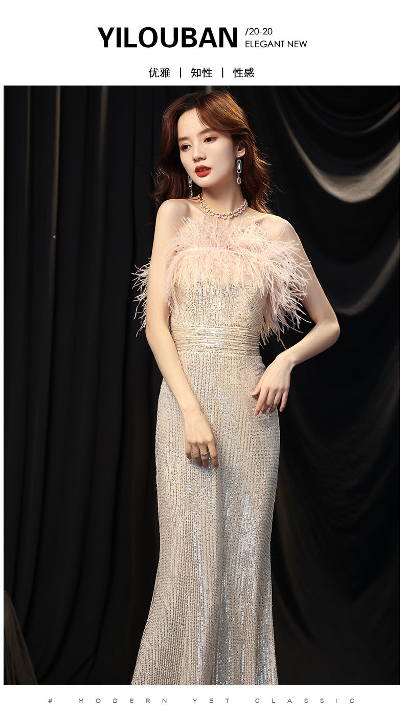 Banquet Dress for Women 2024 New Elegant Sequins Long Ladies Dress for Host Annual Meeting Fishtail Evening Dress