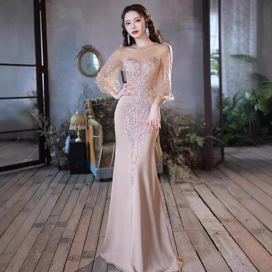 High-End Annual Meeting Long-Sleeved Evening Dress Light Luxury Minority French Socialite Temperament Host High-Grade Fishtail Dress Women