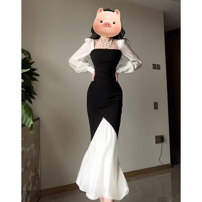 French Square Collar Color Contrast Patchwork Dress Women's Elegant Early Spring and Autumn New Slim Fit High Waist Fishtail Long Skirt Fashion