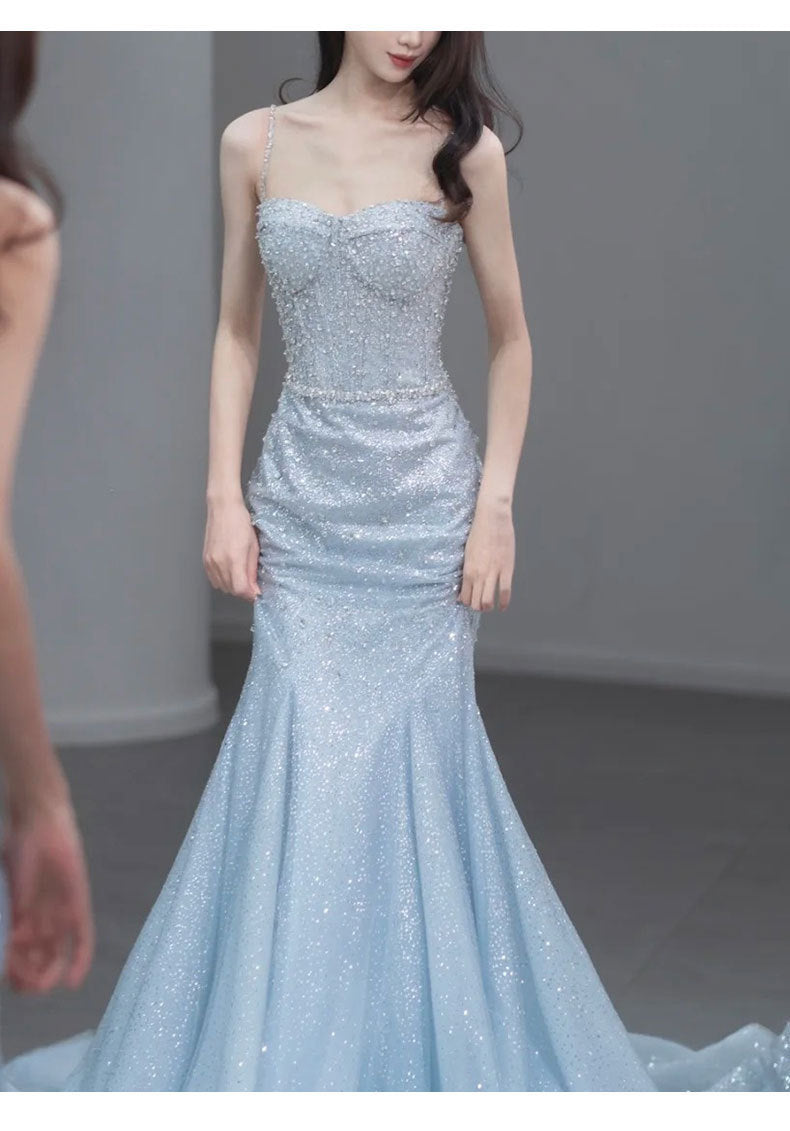 Fishtail Evening Dress High-Grade Model Catwalk Student Art Exam Toast Dress Bride Super Fairy Blue French Strap