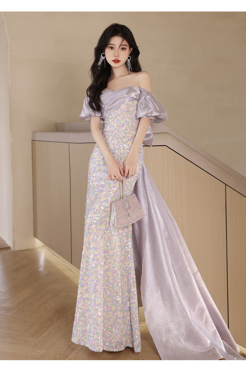 off-Shoulder Evening Dress for Women 2024 New Autumn Light Luxury Minority High-End Ladies Annual Meeting Host Banquet Dress