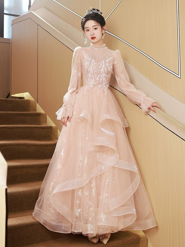 Evening Dresses Gala For Women Party Banquet Host Pink Princess Long Sleeve Embroidery Flower Fairy Dress H800