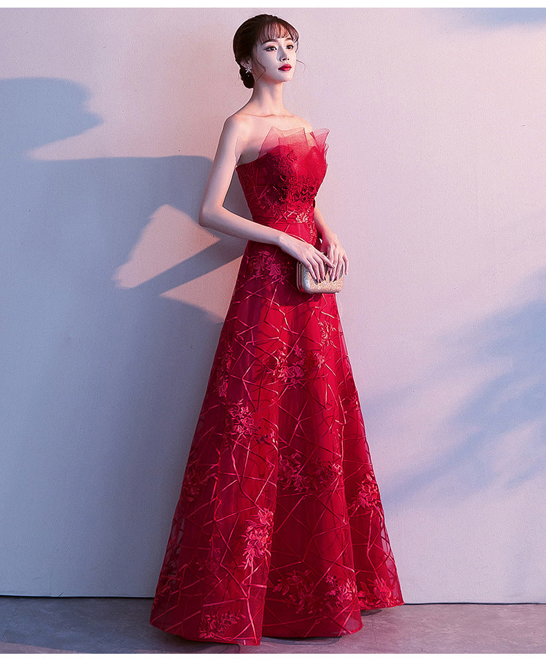 Toast Dress Bride 2024 New Autumn Winter Sexy Strapless Long Type Slimming Wedding Appreciation Dinner Red Evening Dress for Women