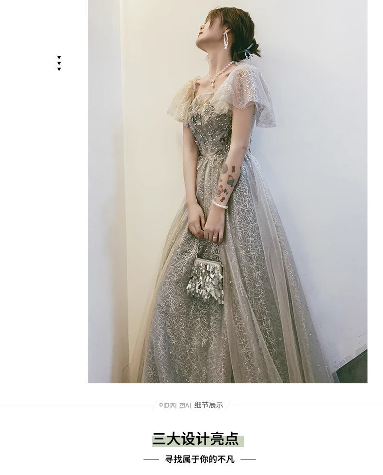 Gray Evening Dress for Women 2024 New High-End Banquet Fairy Temperament Birthday Vocal Music Art Test Dress Light Luxury Minority