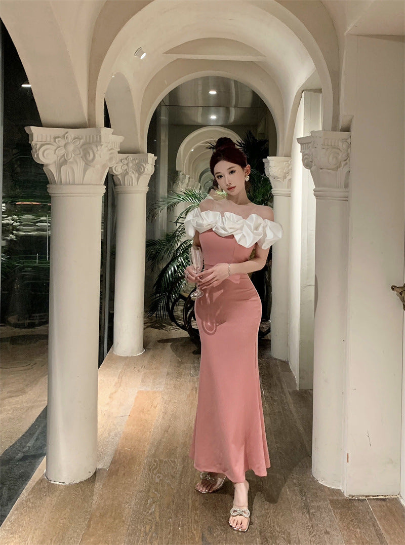 2883 Cross-Border Foreign Trade Women's Clothing Wholesale Southeast Asia off-Shoulder Contrast Color Evening Dress Temperament Slimming Fishtail Dress