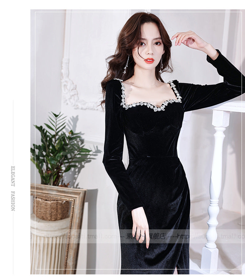 Black Evening Dress 2024 New Banquet Temperament Long Slim Fishtail Split Velvet Socialite Host's Dress