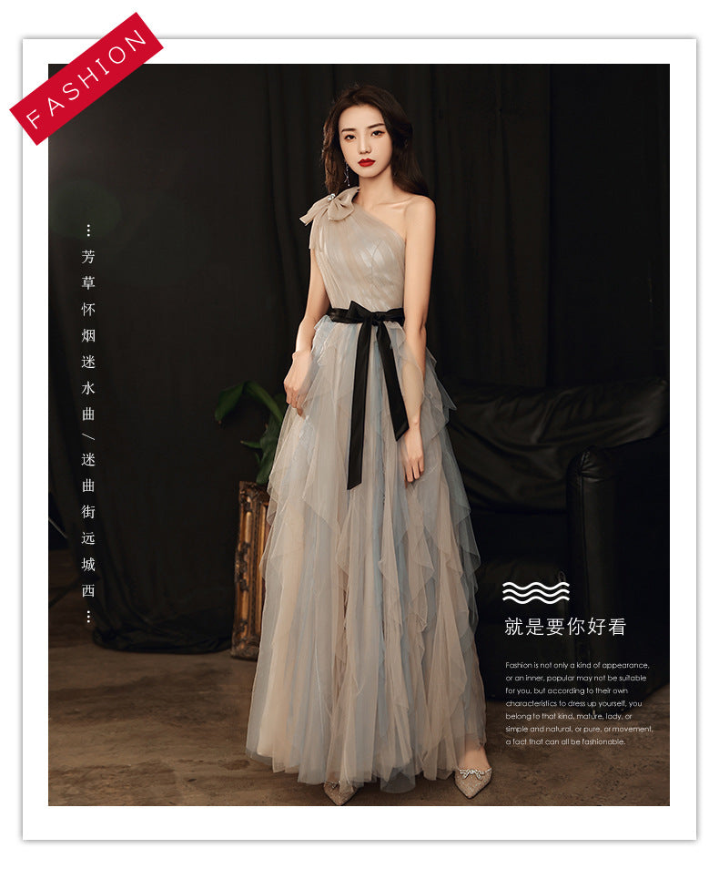 Annual Party Evening Dress Women's 2024 Belt Oblique Shoulder Design Socialite Host Dress Temperament Piano Performance Dress