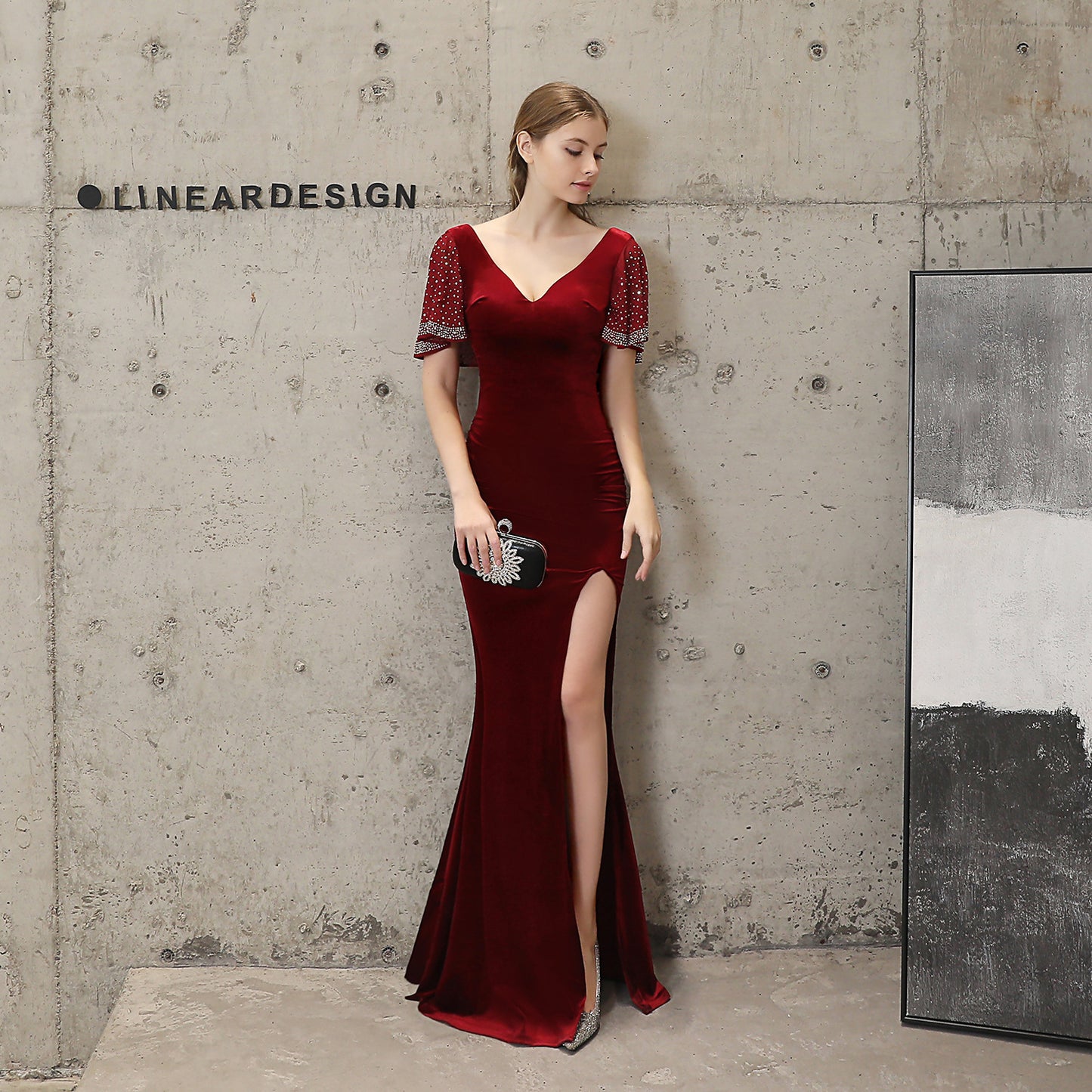 18110# Velvet Sequin Rhinestone Fishtail Banquet Elegant Graceful Annual Meeting Host Car Model Party Formal Dress Female Winter