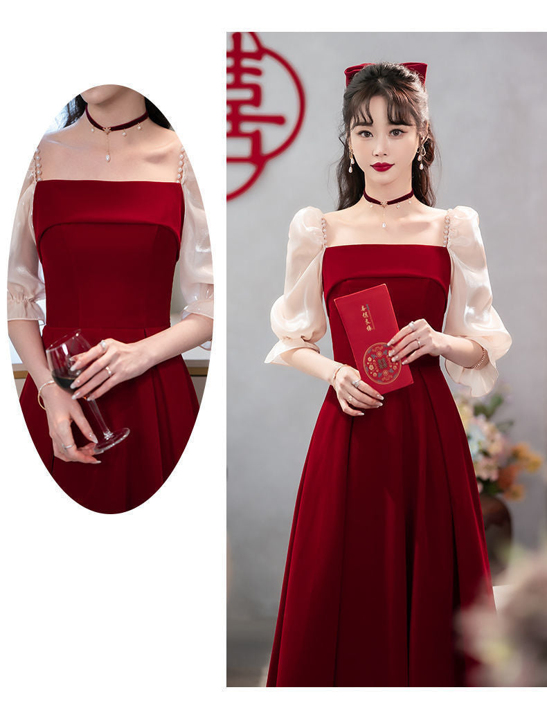 2024 Wine Red High Sense Dinner Suit Summer Dress Toast Dress Bride Daily Style Engagement Dress