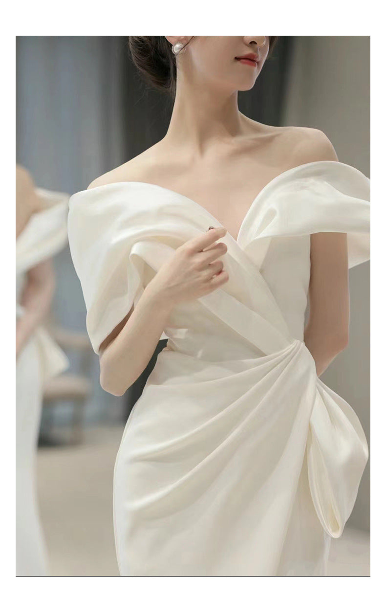 off-Shoulder White French Suit 2024 New Winter Light Luxury Minority High-End Engagement Fishtail High-End Evening Dress