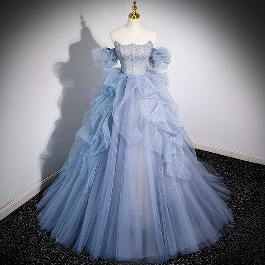 off-Shoulder Evening Dress Haze Blue Piano Performance Adult Ceremony Wedding Dress Bel Canto Solo Blue Gauze Skirt Art Test H2839