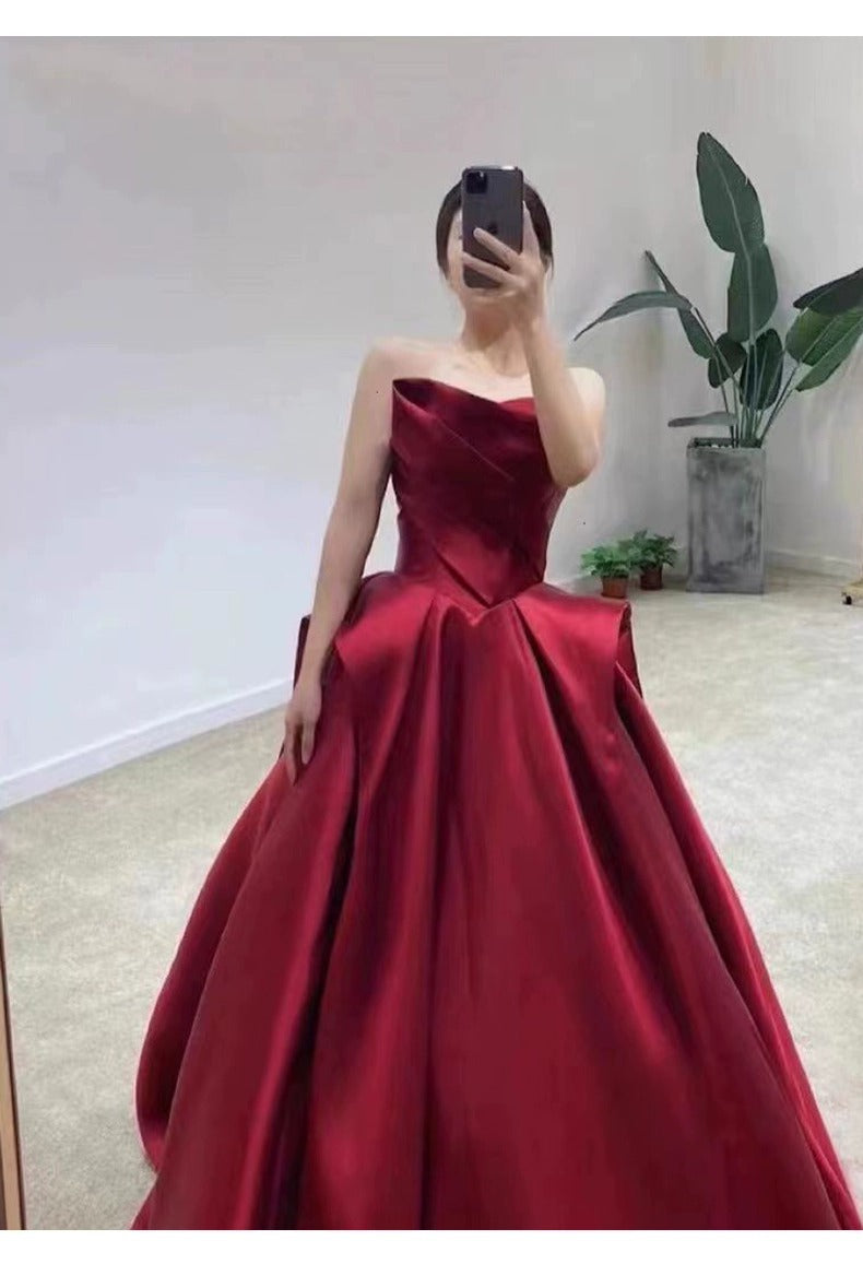 Wine Red Tube Top High-End Bridal Toast Clothing Satin High-End Sense Wedding Evening Dress Host Performance Costume Long