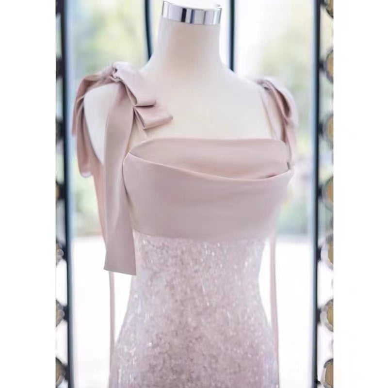 Pink Evening Dress Women's Sequined Mopping Sleeveless Niche Banquet Temperament Socialite Host Annual Party Evening Dress