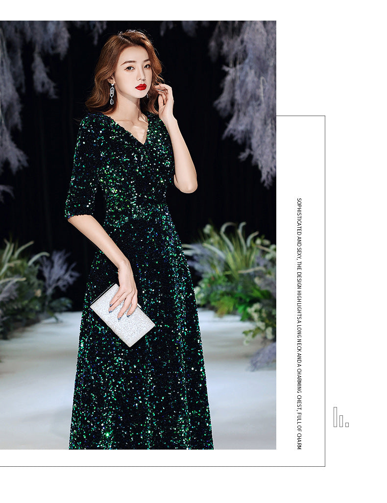 Green Sequins Annual Party Evening Dress Female 2024 Spring and Spring New Banquet Temperament Texture Host Long Dress
