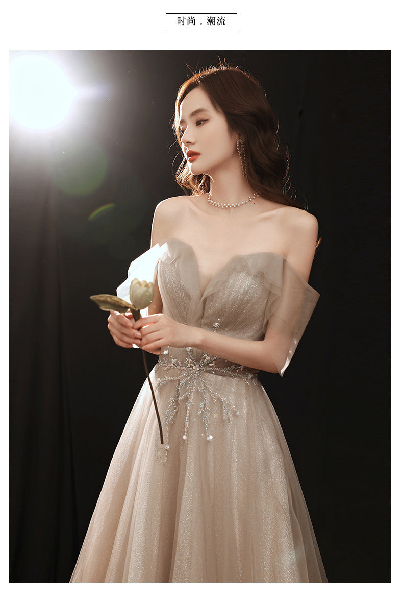 Banquet Evening Dress 2024 New off-Shoulder Dignified Socialite Champagne Dress Host Dinner Annual Meeting Gift